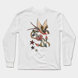 Retro Tattoo Swallow and Anchor Long Sleeve T-Shirt